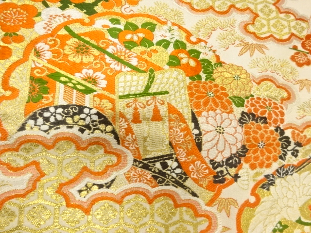  アンティーク　雪輪に花模様織出し丸帯（材料）